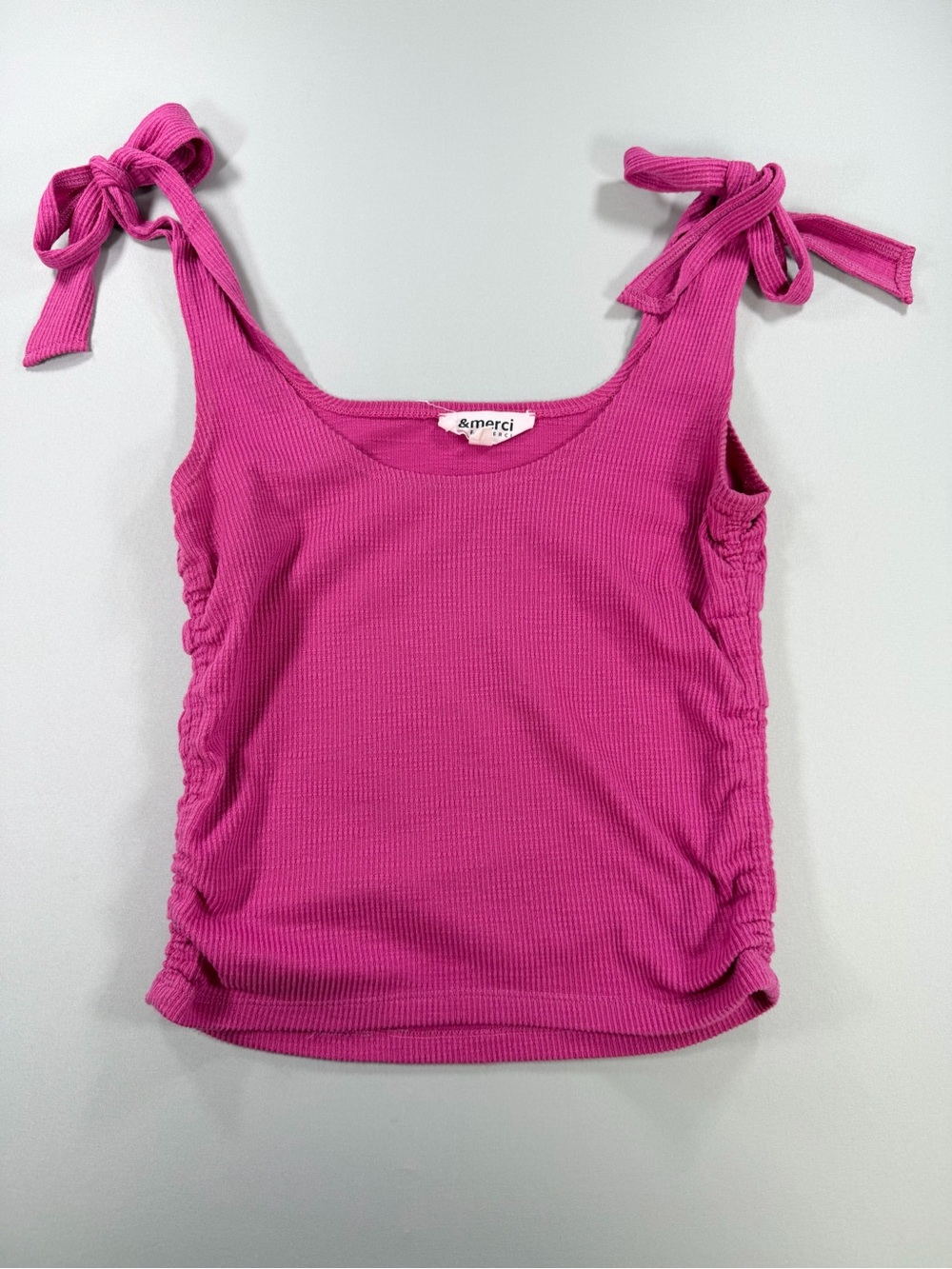 &Merci Pink Ribbed Ruched Tank Top M Tie Shoulder Y2K Coquette